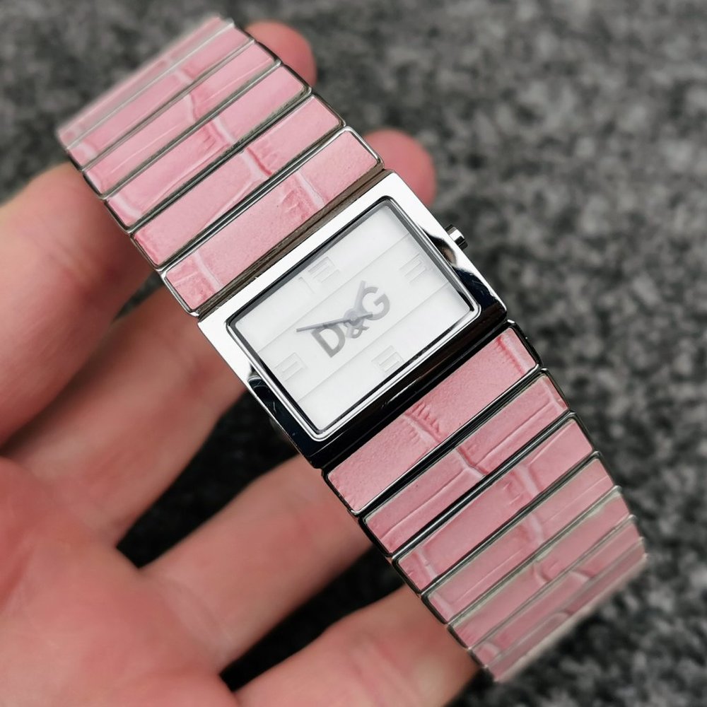 D&G TIME Quartz Watch Pink Croco Grain Stainless Steel Cuff Bracelet Authentic - Picture 3 of 12
